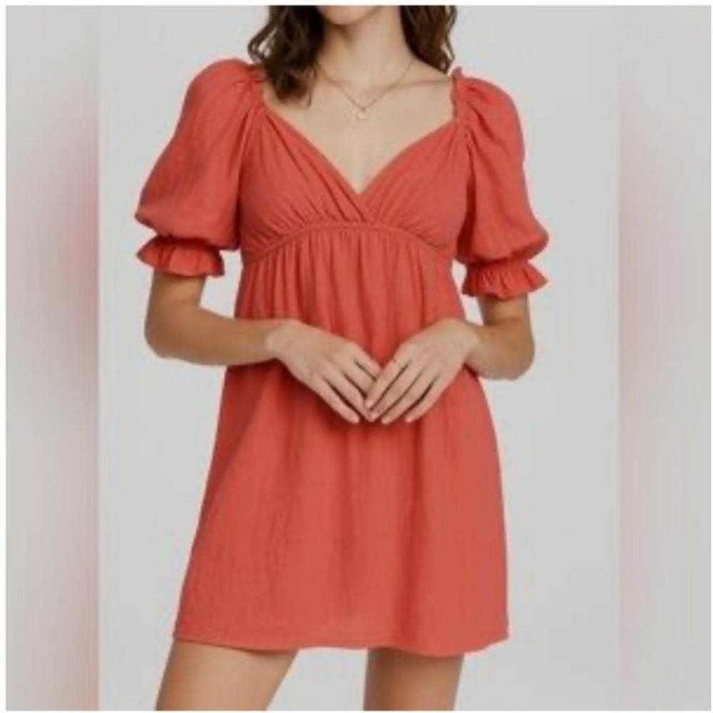 Billabong Perfect Paradise‎ Coral/Terracotta Babydoll Puff Sleeve Dress Size L